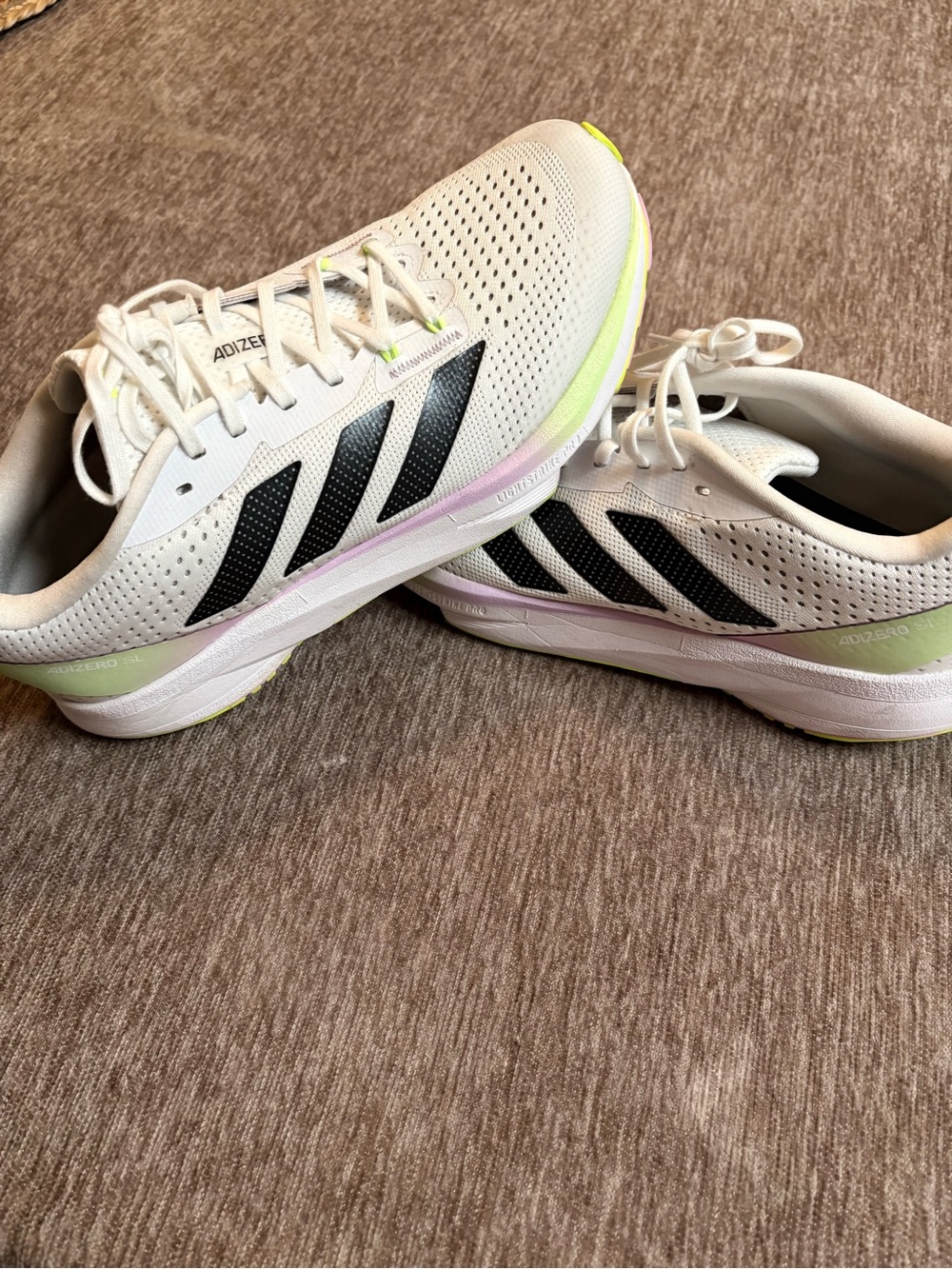 adidas Women’s White Running Sneakers with Black Stripes and Lime Accents